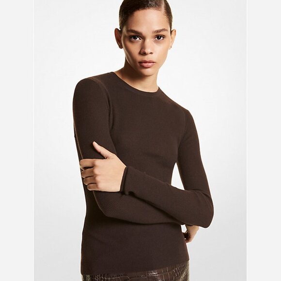 Michael Kors Collection Hutton Featherweight Cashmere Sweater – Teak Brown - Picture 1 of 11